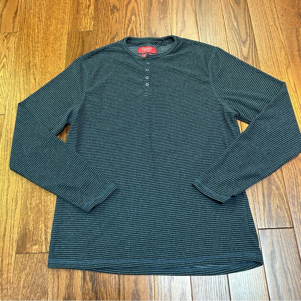 Bruno Milano Super Soft Blue and Black Striped Long Sleeve Henley Shirt - size S